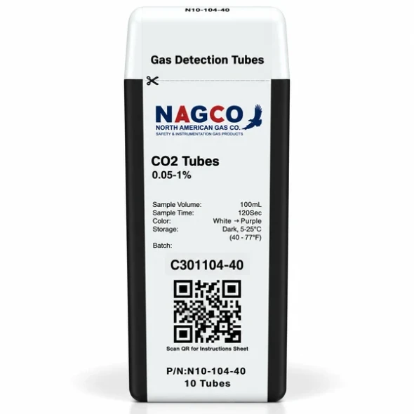 NAGCO N10-104-40 Carbon Dioxide CO2 detector tubes for direct-reading carbon dioxide measurement with a standard range of 0.05 to 1%.