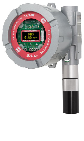 Front-facing view of the RKI M2A-XL gas detector, featuring its rugged explosion-proof housing with a digital OLED display. The display shows gas concentrations and status indicators, emphasizing its compact and durable design. The device is suitable for Class I, Div. 1 hazardous locations and integrates seamlessly with industrial monitoring systems. Ideal for monitoring toxic gases, flammables, and oxygen in industrial environments.
