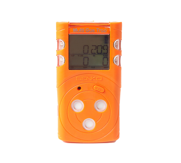Front view of SENKO SP-MGT Multi-Gas Detector in orange housing, displaying gas readings on LCD screen