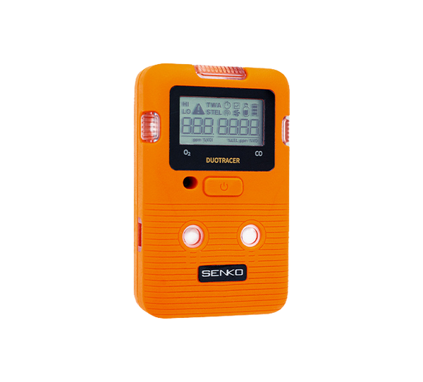 Front angled view of SENKO DUO TRACER dual gas detector with orange casing and digital LCD screen for O₂ and CO monitoring