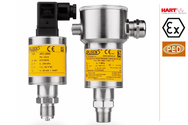 Aplisens APCE-2000 smart pressure transmitter with stainless steel housing, dual-compartment design, and threaded process connection for industrial pressure measurement.
