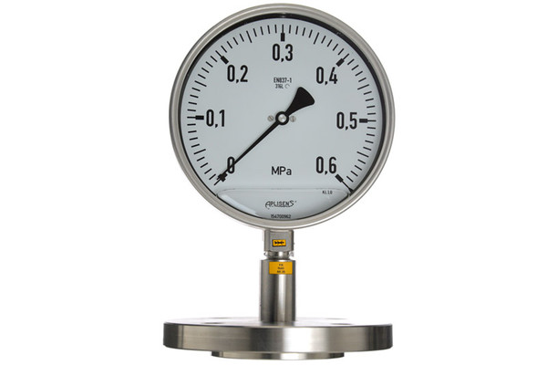 Aplisens MS-100 pressure gauge with diaphragm seal for industrial liquid and gas pressure measurement.