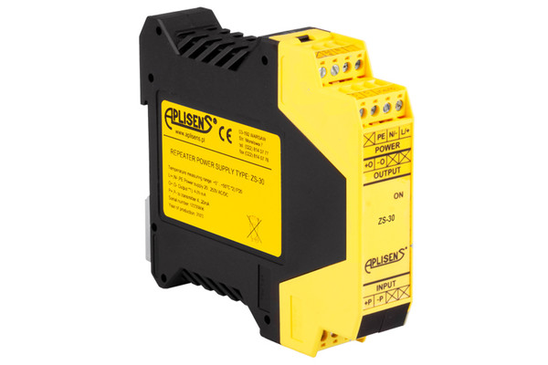 Aplisens ZS-30 DIN rail mounted power supply and signal isolator designed for two-wire 4–20 mA transmitters with universal 20–253 V AC/DC supply and full galvanic isolation.