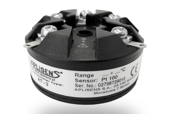 Aplisens AT-3 compact head-mounted temperature transmitter converting Pt100 RTD resistance into a 4–20 mA loop-powered signal for industrial temperature measurement.