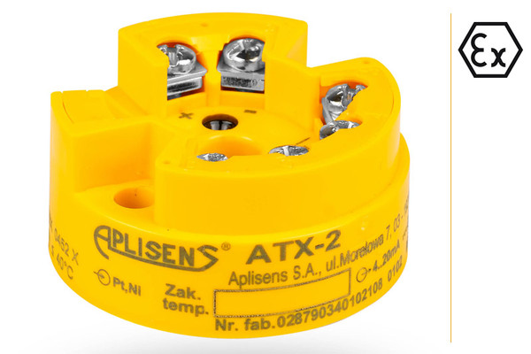 Aplisens ATX-2 intrinsically safe head-mounted temperature transmitter converting RTD resistance signals into a 4–20 mA output for hazardous area installations.