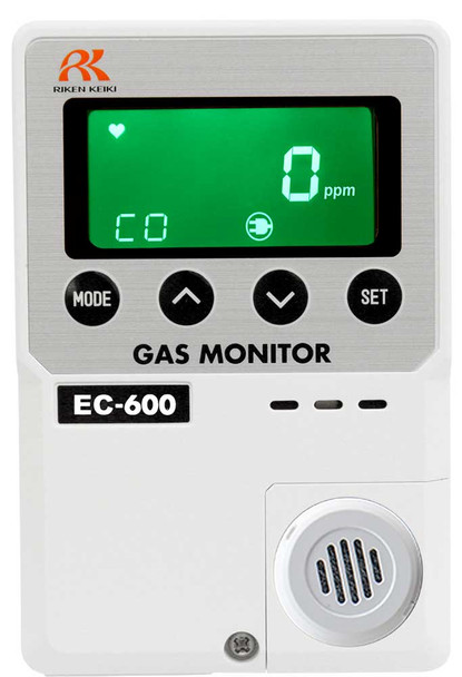 Front view of the RKI EC-600 Carbon Monoxide Detector, featuring a sleek, low-profile design. The device includes a 3-digit LED display with tri-color indicators (green, orange, red) to show gas levels and alarm status. Designed for indoor use, the EC-600 detects carbon monoxide (CO) in the range of 0-150 ppm and is equipped with a fast-responding, field-replaceable electrochemical sensor. Ideal for laboratory or commercial applications, it includes wall-mount capability and multiple power options (AC or DC).