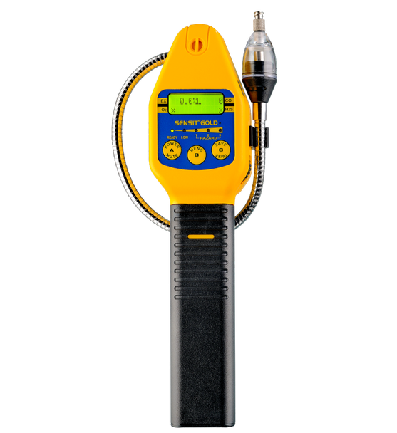 A detailed image of the SENSIT® GOLD 100 multi-gas detector featuring its compact design, bright LCD screen, and robust construction. The detector is shown with its ergonomic casing and control buttons, emphasizing its portability and ease of use in field operations.