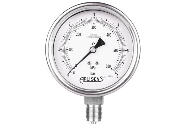 Aplisens MS-100K industrial pressure gauge with 100 mm stainless steel case for liquid and gas pressure measurement.