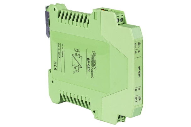 Aplisens SP-02 DIN rail mounted loop powered current signal isolator providing galvanic isolation for 0/4–20 mA measurement and control circuits without auxiliary power.