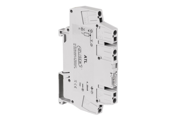 Aplisens ATL DIN rail mounted temperature transmitter designed to convert Pt100 or Ni100 RTD resistance signals into a stable 4–20 mA output for industrial control systems.
