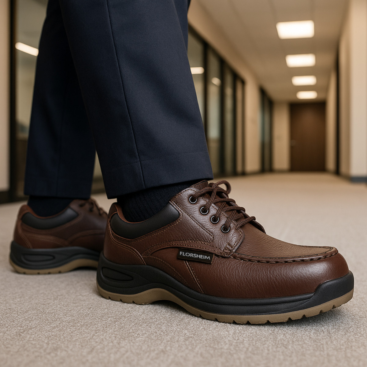 Rambler Creek Men's Brown Casual Moc Toe Oxford - FS2700 Close-up of a person wearing Rambler Creek Men's FS2700 Brown Casual Moc Toe Oxford shoes with black soles, walking in a modern office hallway.