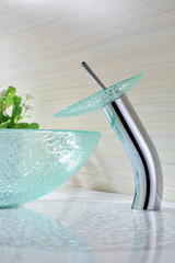 Paeva Series Deco-Glass Vessel Sink in Crystal Clear Chipasi with Matching Chrome Waterfall Faucet