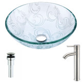 Vieno Series Deco-Glass Vessel Sink in Crystal Clear Floral with Fann Faucet in Brushed Nickel
