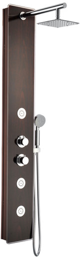 Pure 59 in. 3-Jetted Shower Panel with Heavy Rain Shower and Spray Wand in Mahogany Deco-Glass