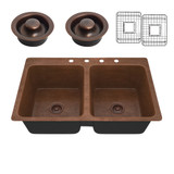 Elen Drop-in Handmade Copper 33 in. 4-Hole 50/50 Double Bowl Kitchen Sink in Hammered Antique Copper