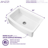 Mesa Series Farmhouse Solid Surface 33 in. 0-Hole Single Bowl Kitchen Sink with 1 Strainer in Matte White