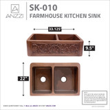 Moesia Farmhouse Handmade Copper 33 in. 60/40 Double Bowl Kitchen Sink with Floral Design in Polished Antique Copper