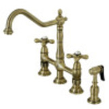 Kingston Brass KS1273AXBS Heritage Bridge Kitchen Faucet with Brass Sprayer, Antique Brass