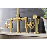 Kingston Brass KS2337RX Belknap Industrial Style Bridge Kitchen Faucet with Brass Sprayer, Brushed Brass