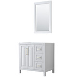 Daria 36 Inch Single Bathroom Vanity in White, No Countertop, No Sink, 24 Inch Mirror, Brushed Gold Trim