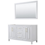 Daria 60 Inch Double Bathroom Vanity in White, No Countertop, No Sink, 58 Inch Mirror, Brushed Gold Trim
