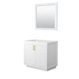 Miranda 36 Inch Single Bathroom Vanity in White, No Countertop, No Sink, Brushed Gold Trim, 34 Inch Mirror