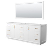 Strada 84 Inch Double Bathroom Vanity in White, No Countertop, No Sink, Satin Bronze Trim, 70 Inch Mirror