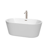 Carissa 60 Inch Freestanding Bathtub in White with Floor Mounted Faucet, Drain and Overflow Trim in Brushed Nickel