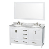 Sheffield 60 Inch Double Bathroom Vanity in White, White Carrara Marble Countertop, Undermount Oval Sinks, and 58 Inch Mirror