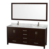 Sheffield 72 Inch Double Bathroom Vanity in Espresso, White Carrara Marble Countertop, Undermount Square Sinks, and 70 Inch Mirror