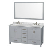 Sheffield 60 Inch Double Bathroom Vanity in Gray, White Carrara Marble Countertop, Undermount Oval Sinks, and 58 Inch Mirror
