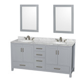 Sheffield 72 Inch Double Bathroom Vanity in Gray, White Carrara Marble Countertop, Undermount Oval Sinks, and 24 Inch Mirrors