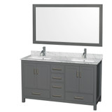 Sheffield 60 Inch Double Bathroom Vanity in Dark Gray, White Carrara Marble Countertop, Undermount Square Sinks, and 58 Inch Mirror