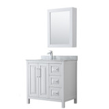 Daria 36 Inch Single Bathroom Vanity in White, White Carrara Marble Countertop, Undermount Square Sink, and Medicine Cabinet
