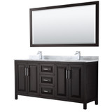 Daria 72 Inch Double Bathroom Vanity in Dark Espresso, White Carrara Marble Countertop, Undermount Square Sinks, and 70 Inch Mirror