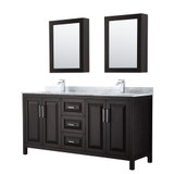 Daria 72 Inch Double Bathroom Vanity in Dark Espresso, White Carrara Marble Countertop, Undermount Square Sinks, and Medicine Cabinets