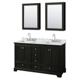 Deborah 60 Inch Double Bathroom Vanity in Dark Espresso, White Carrara Marble Countertop, Undermount Square Sinks, and Medicine Cabinets