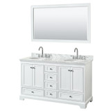 Deborah 60 Inch Double Bathroom Vanity in White, White Carrara Marble Countertop, Undermount Oval Sinks, and 58 Inch Mirror