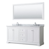 Avery 72 Inch Double Bathroom Vanity in White, White Carrara Marble Countertop, Undermount Oval Sinks, and 70 Inch Mirror