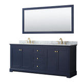 Avery 80 Inch Double Bathroom Vanity in Dark Blue, White Carrara Marble Countertop, Undermount Oval Sinks, and 70 Inch Mirror