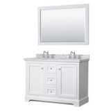 Avery 48 Inch Double Bathroom Vanity in White, White Carrara Marble Countertop, Undermount Oval Sinks, 46 Inch Mirror