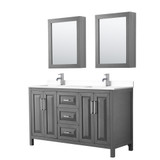 Daria 60 Inch Double Bathroom Vanity in Dark Gray, White Cultured Marble Countertop, Undermount Square Sinks, Medicine Cabinets