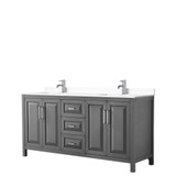 Daria 72 Inch Double Bathroom Vanity in Dark Gray, White Cultured Marble Countertop, Undermount Square Sinks, No Mirror