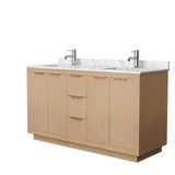 Maroni 60 Inch Double Bathroom Vanity in Light Straw, White Carrara Marble Countertop, Undermount Square Sinks