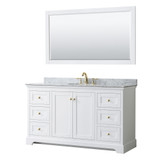 Avery 60 Inch Single Bathroom Vanity in White, White Carrara Marble Countertop, Undermount Oval Sink, 58 Inch Mirror, Brushed Gold Trim