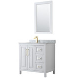 Daria 36 Inch Single Bathroom Vanity in White, White Carrara Marble Countertop, Undermount Square Sink, 24 Inch Mirror, Brushed Gold Trim