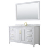 Daria 60 Inch Single Bathroom Vanity in White, White Carrara Marble Countertop, Undermount Square Sink, 58 Inch Mirror, Brushed Gold Trim
