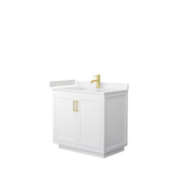 Miranda 36 Inch Single Bathroom Vanity in White, Carrara Cultured Marble Countertop, Undermount Square Sink, Brushed Gold Trim