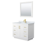 Miranda 42 Inch Single Bathroom Vanity in White, White Carrara Marble Countertop, Undermount Square Sink, Brushed Gold Trim, 34 Inch Mirror