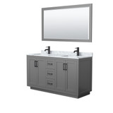 Miranda 60 Inch Double Bathroom Vanity in Dark Gray, White Carrara Marble Countertop, Undermount Square Sinks, Matte Black Trim, 58 Inch Mirror